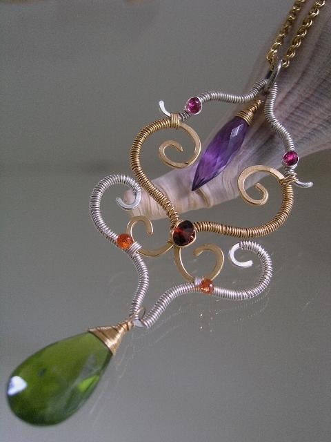 Known for her Distinctive Style...Amethyst Vesuvianite Sapphire Bejeweled Curled Coiled Scrolled Mixed Metal Original Pendant Necklace