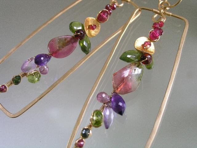 Water Colors...Amethyst Vesuvianite Tourmaline Signature Original Framed Gold Filled Sculptural Earrings