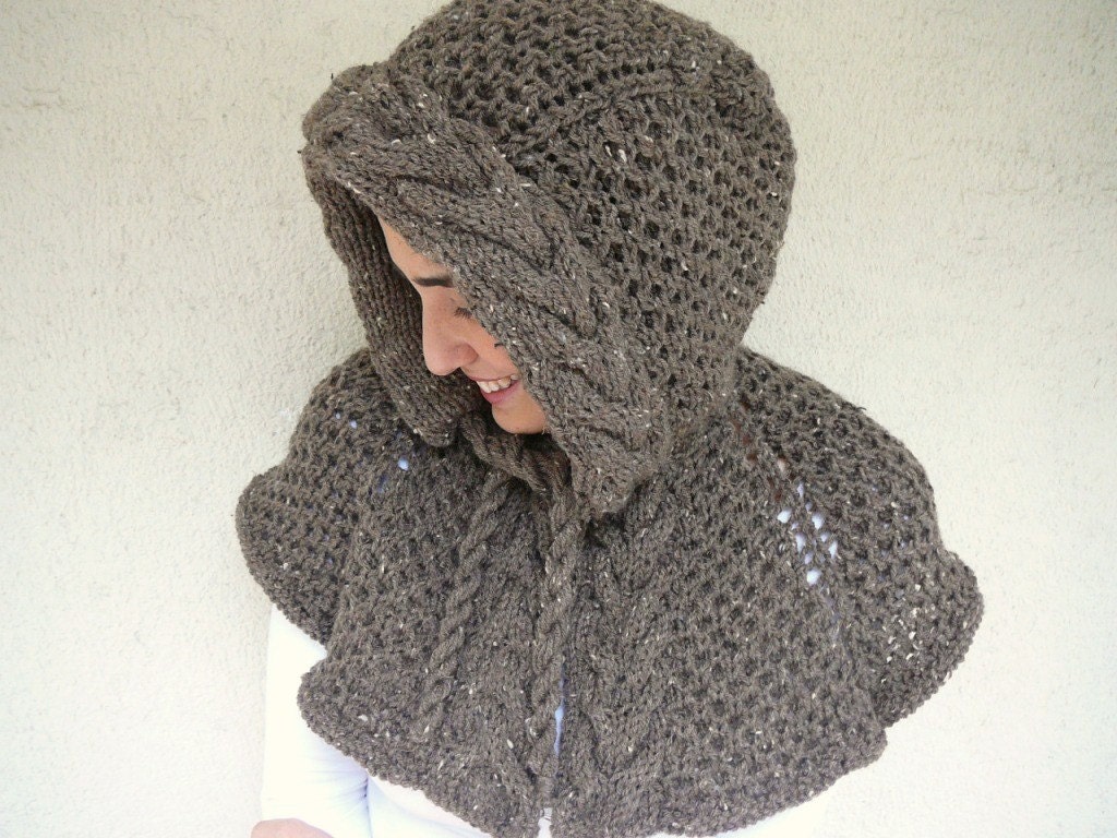 Brown Tweed Poncho With Cable Knit Hood