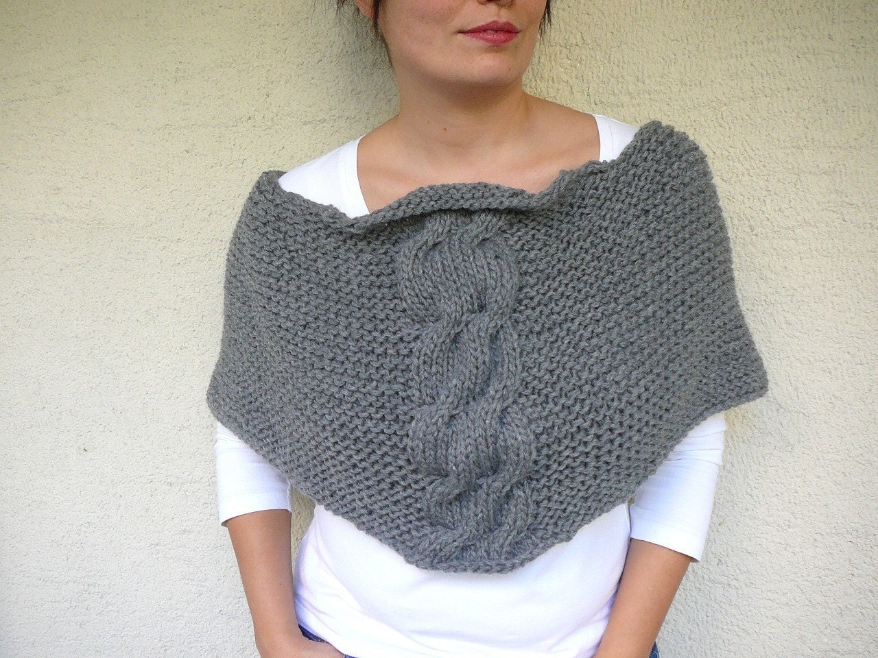 Gray Shawl With Cable Knit by Afra