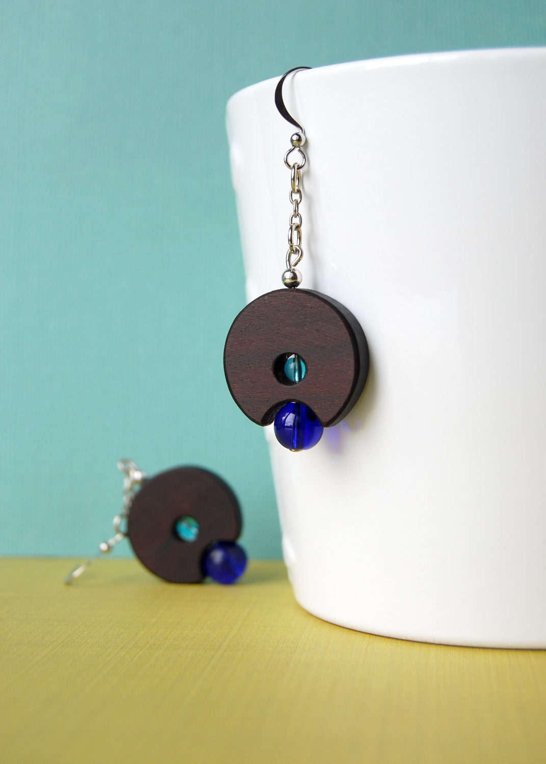 The Blue Lantern - wood and glass beads earrings