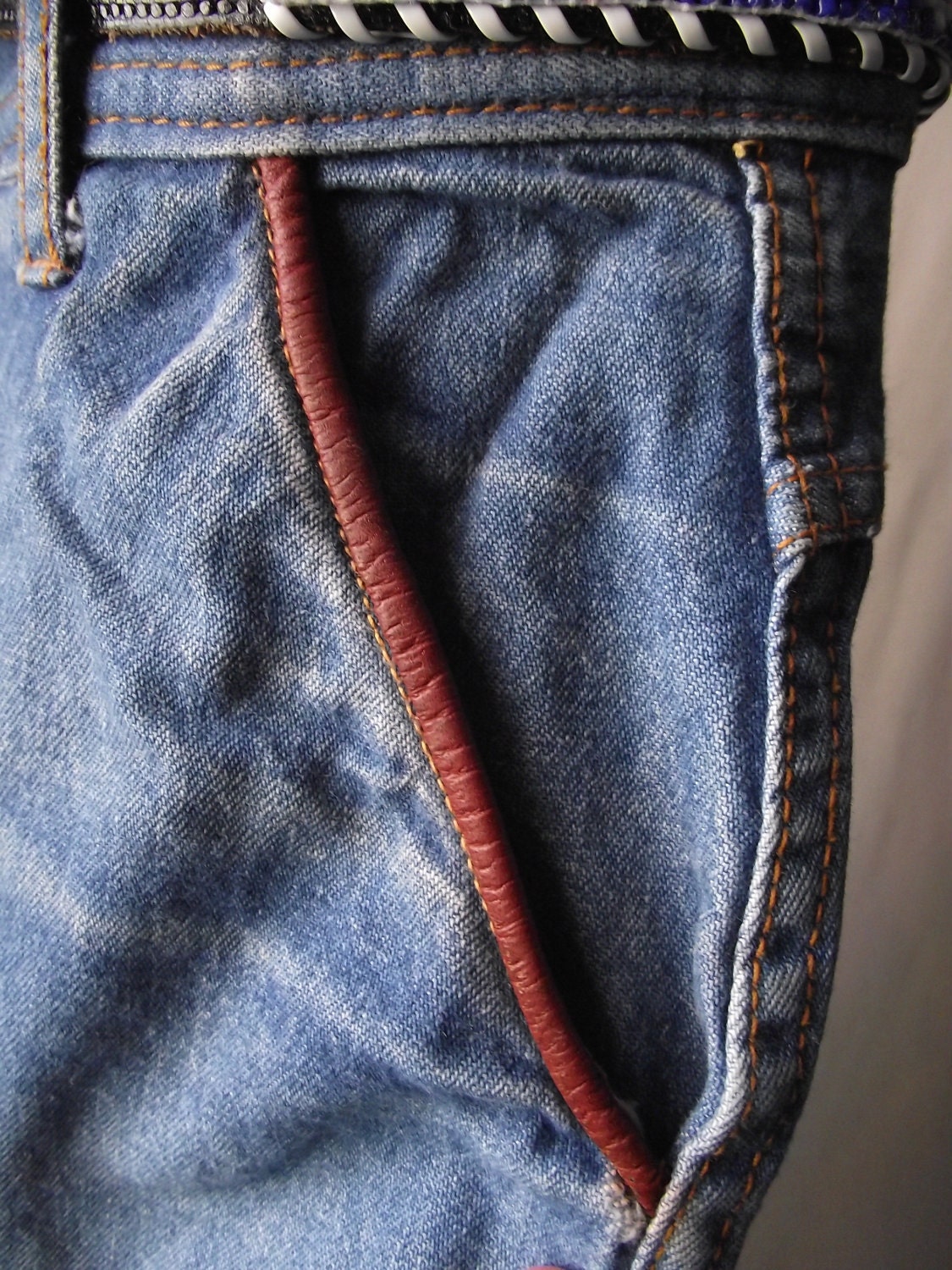 Vintage Denim Jeans 1970s Leather Trim