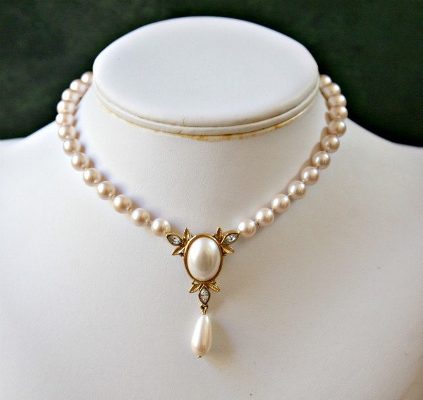 Faux Pearl Drop Bridal or Dressy Choker Style Necklace