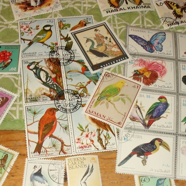 Vintage 1970s Foreign Bird and Butterfly Postal Stamp Kit