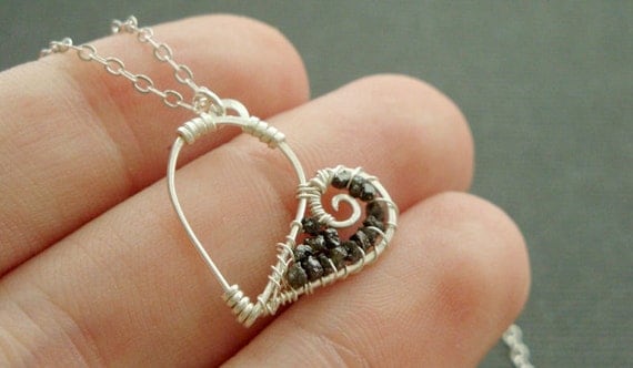 Dark Valentine rough black diamond encrusted heart necklace in sterling silver - April birthstone raw diamond pendant
