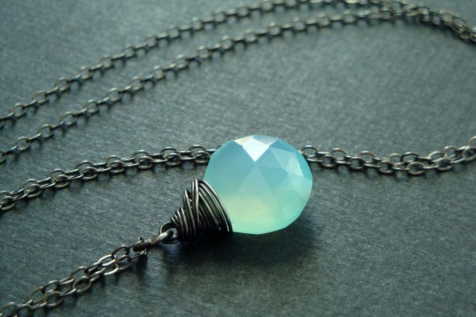 Big aqua chalcedony heart briolette necklace in black oxidized sterling silver - imperfect