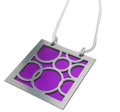 Square Pendant with Large Fuchsia Bubbles on the front and Black on the back