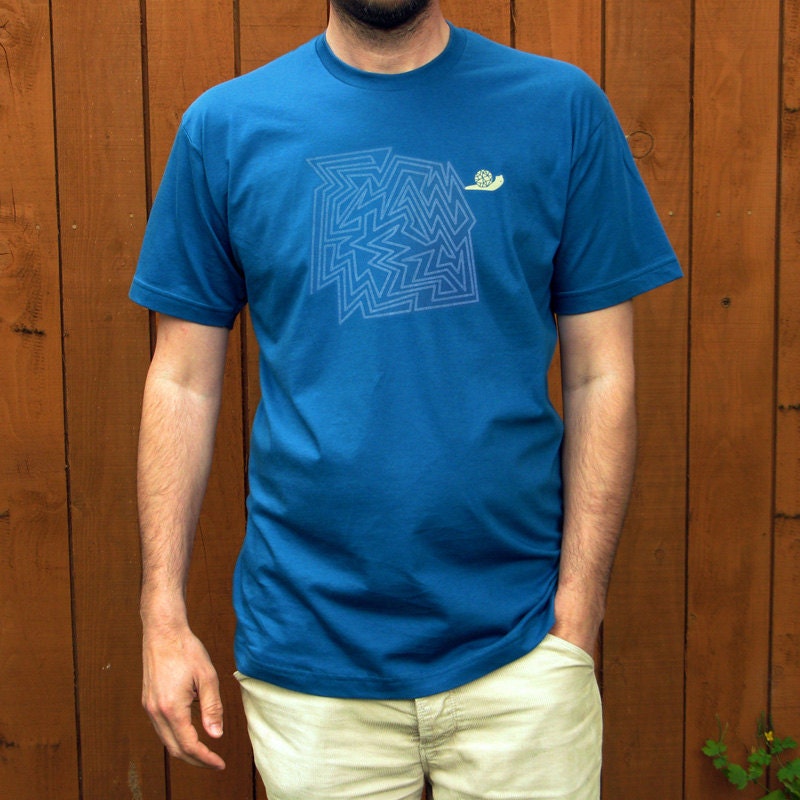 Geometric Snail tee M - mens organic cotton, teal blue Tshirt - medium