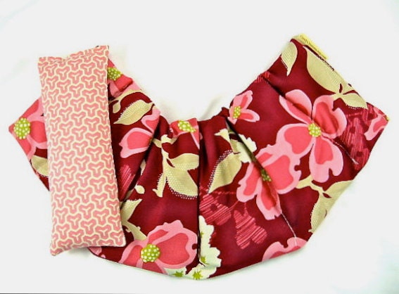 Scoop Neck Ex Wide Heat Wrap Eye Pillow Set Hot Cold Therapy Flaxseed Rice Lavender Scented Pink Floral OOAK Design