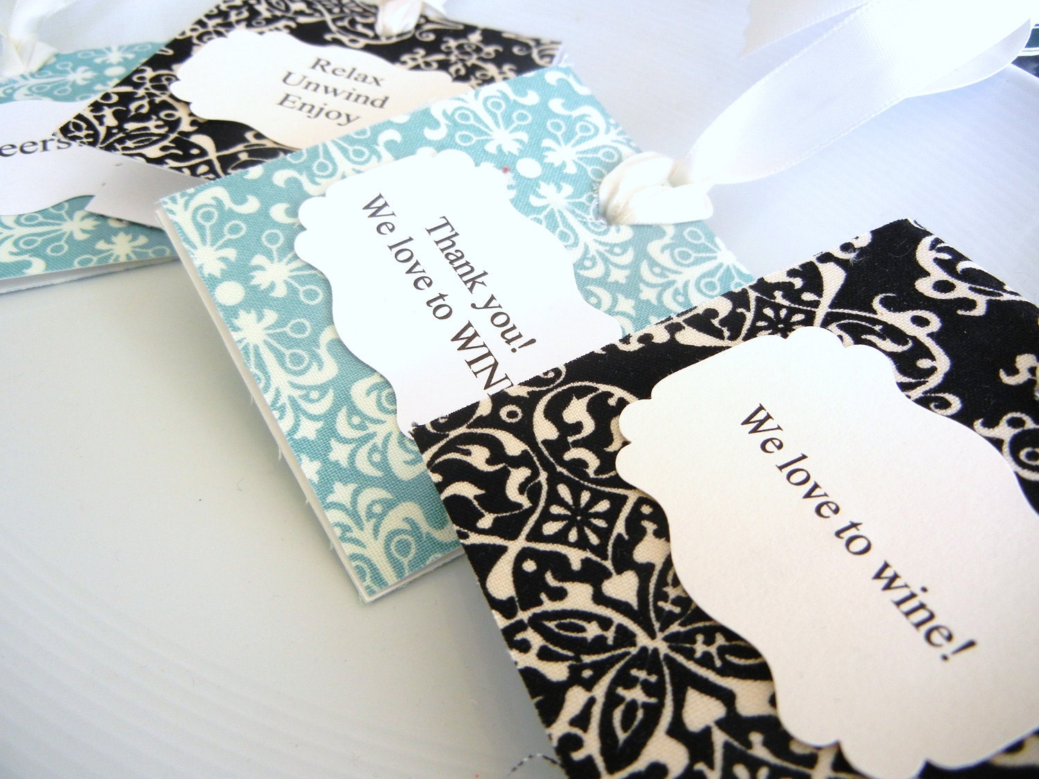 Personalized Gift Tags Wine Bottles Fabric Damask Fabric set of 4