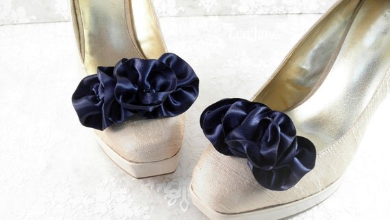 Navy Blue Shoe Clips, Evening Shoes, Handmade Bridal, Bridesmaid.
