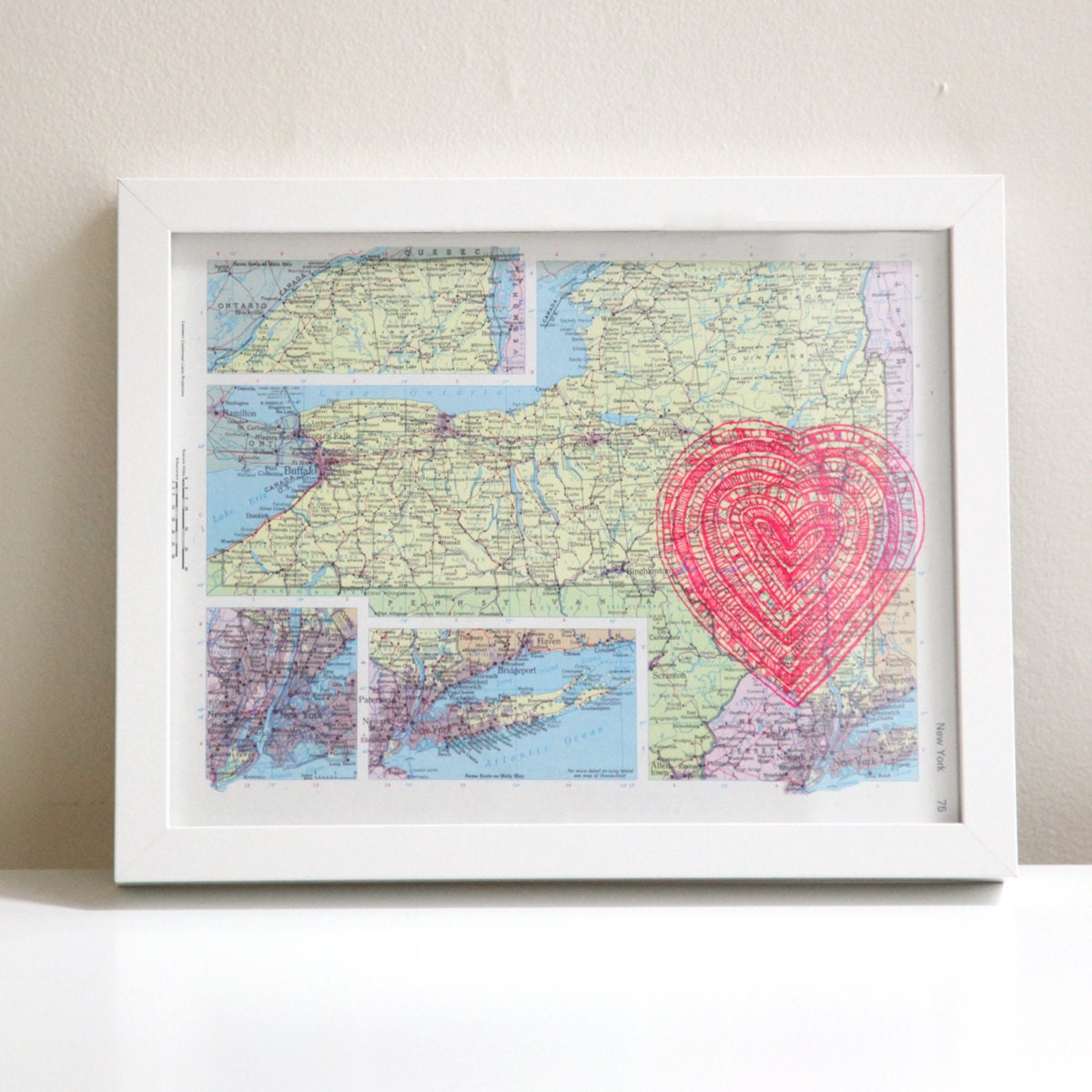 screenprinted vintage map of new york state, neon pink heart print, i love NY