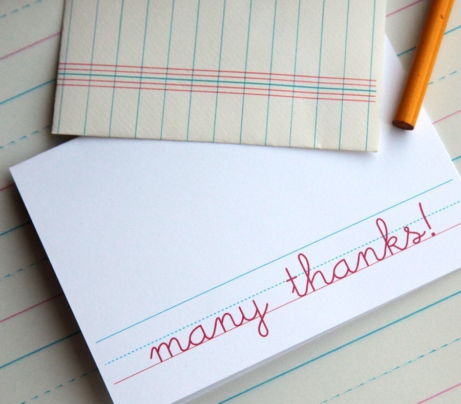 thank you cards with vintage notebook paper envelopes, primary school (set of 8)