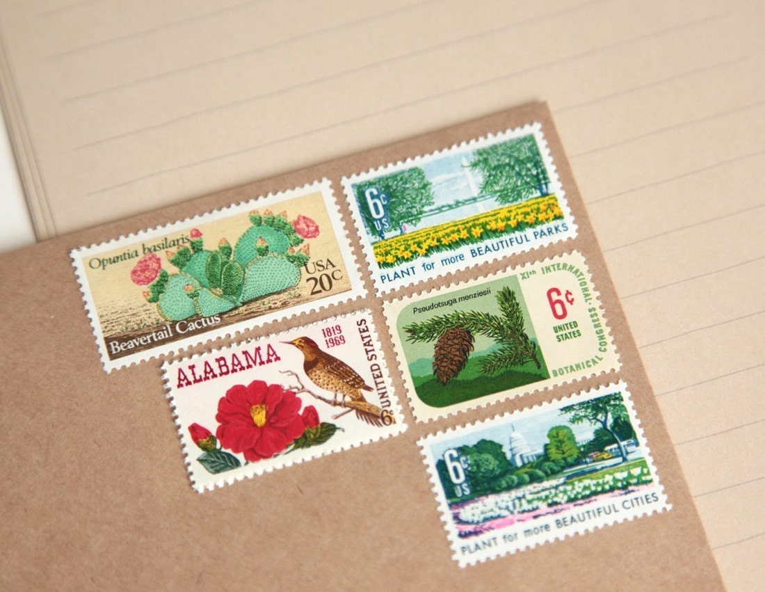 stationery set with unused vintage u.s. postage stamps, botanical garden (12 piece letter set) pre-stamped