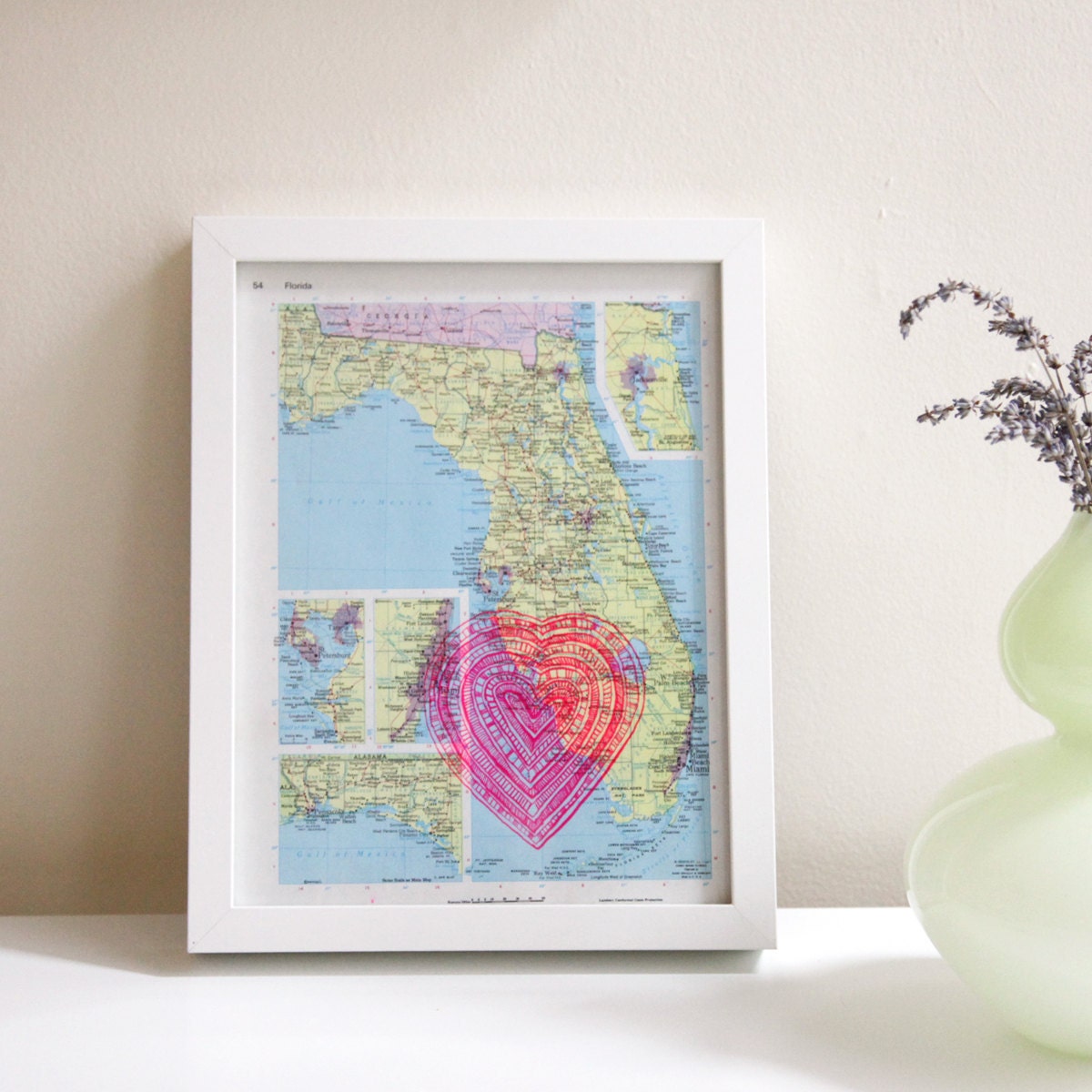 screenprinted vintage map of florida, neon pink heart print, i heart FL
