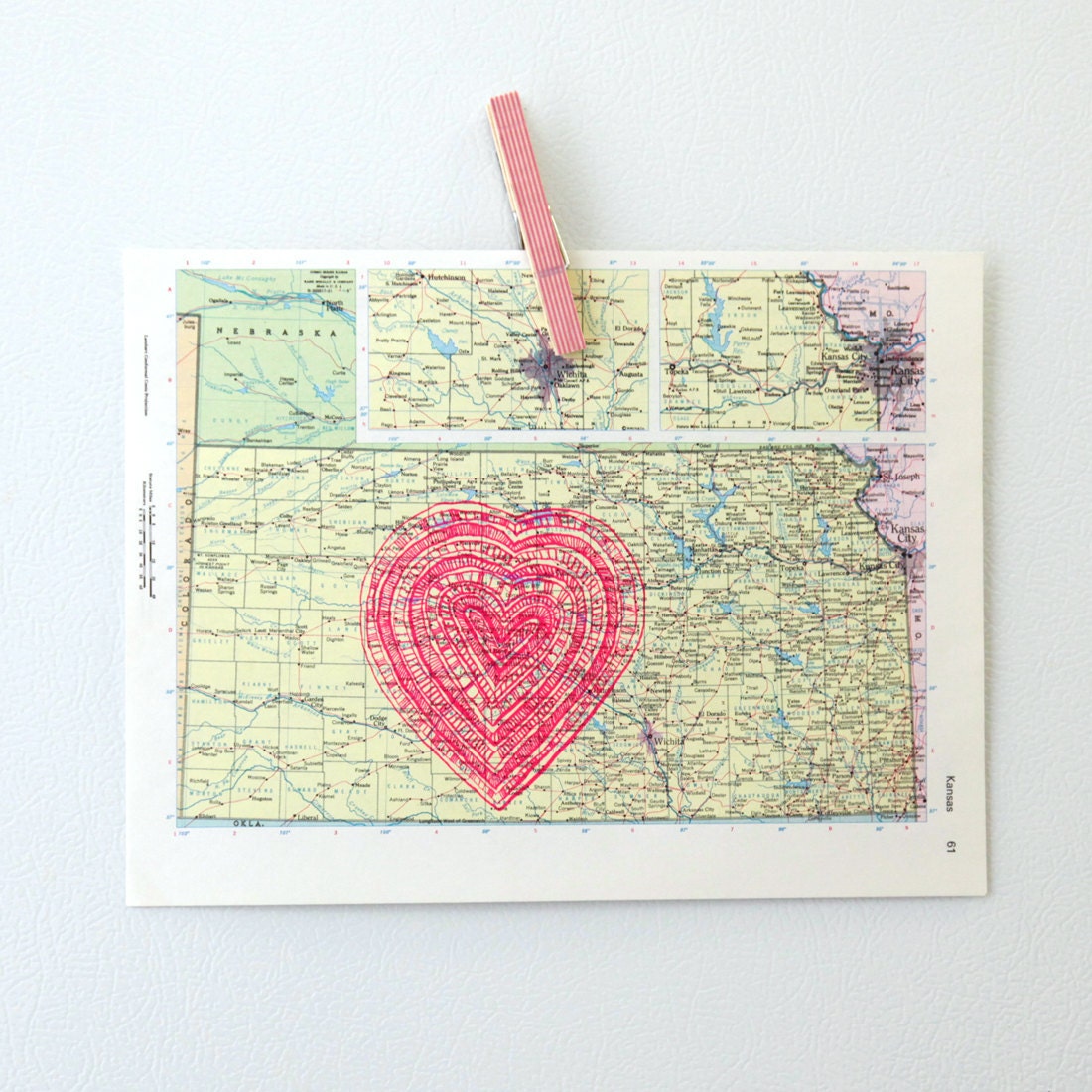 vintage map of kansas with neon pink heart screenprint, i love the heartland