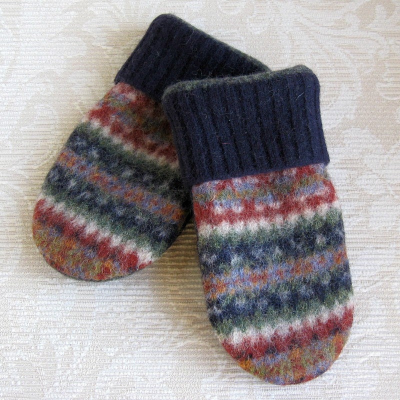 Navy, Green and Rust, Colorful Mittens for Kids, Upcycled Felted Wool