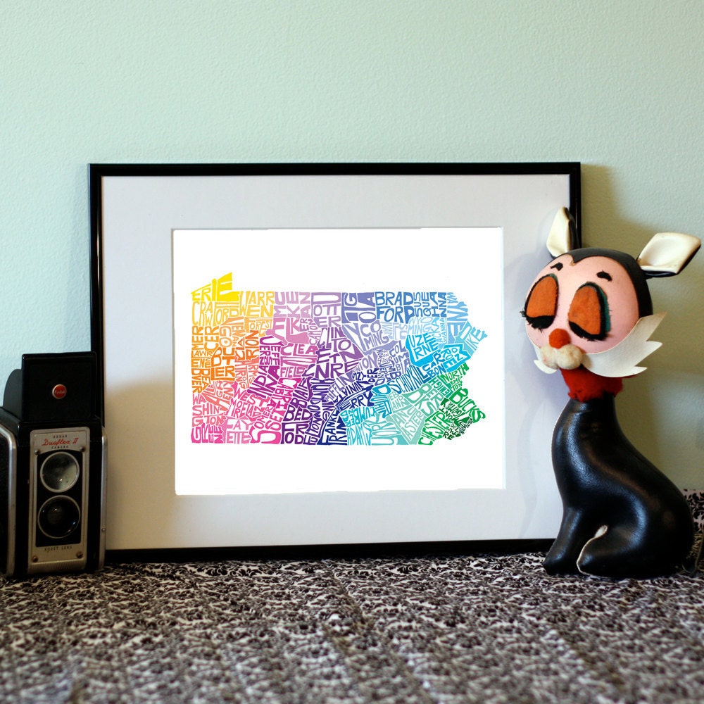 Pennsylvania - typography map art print 8x10 - customizable state poster wall decor