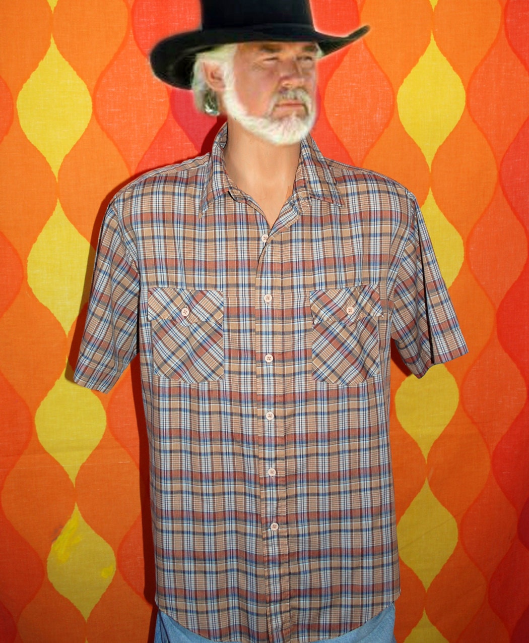 vintage 80s brown plaid roebucks short sleeve button down western cowboy campus hipster shirt XL