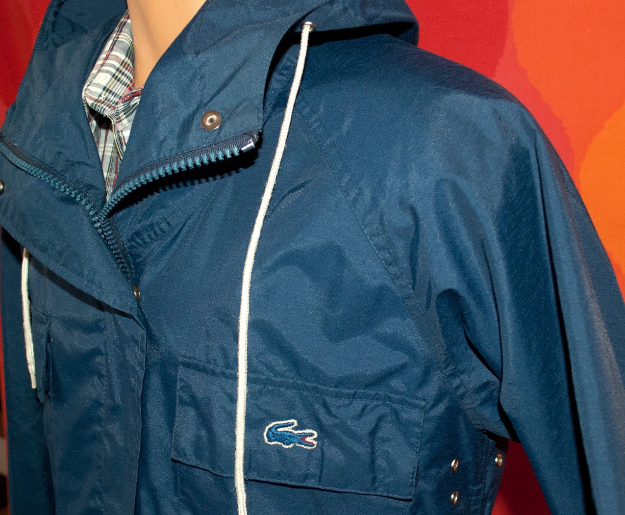 vintage 80's IZOD LACOSTE navy windbreaker rain jacket hood Medium alligator coat