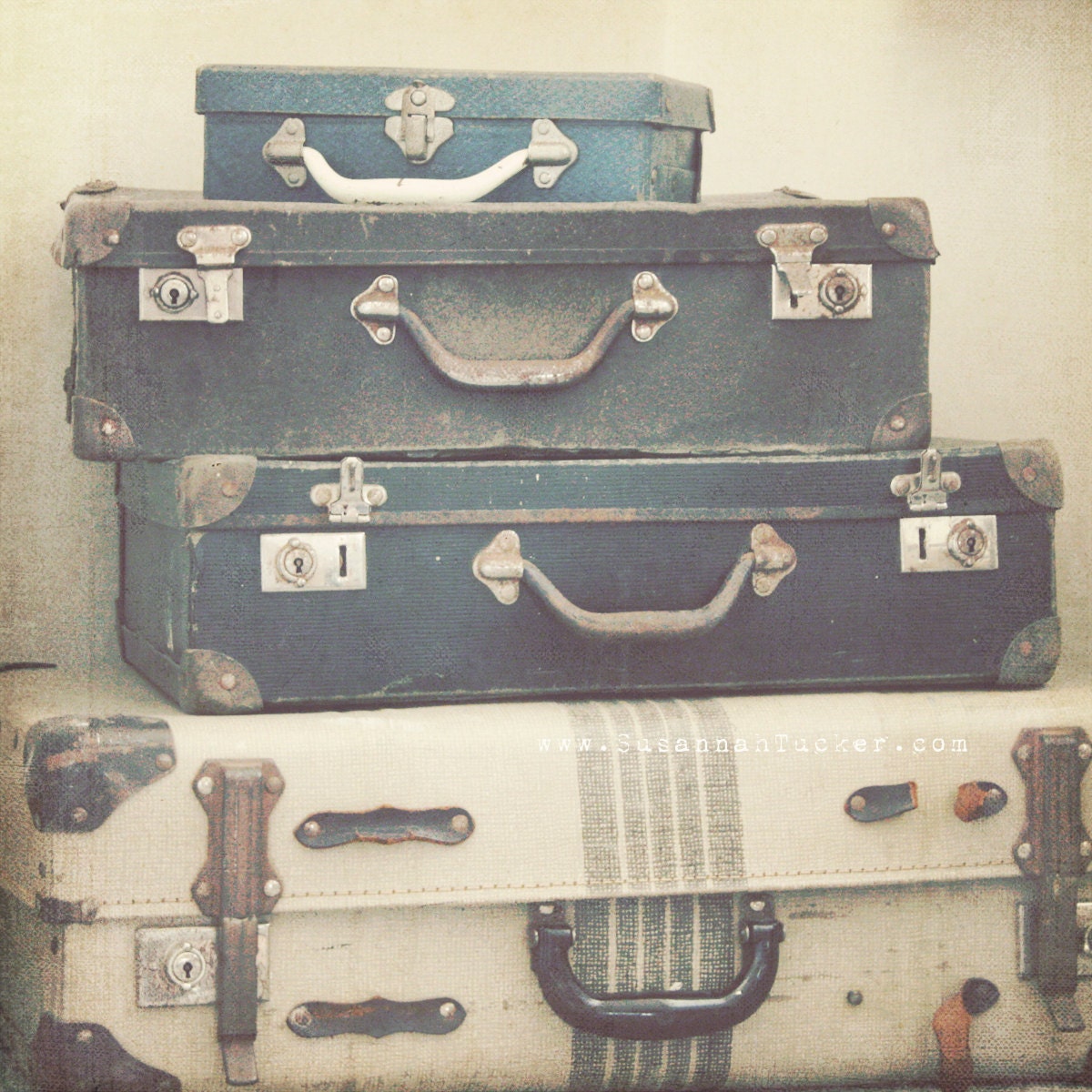 The Journey Begins - 8x8 nostalgic, rustic photo of vintage suitcases - travel and adventure, wanderlust, still life, neutral tones, blue