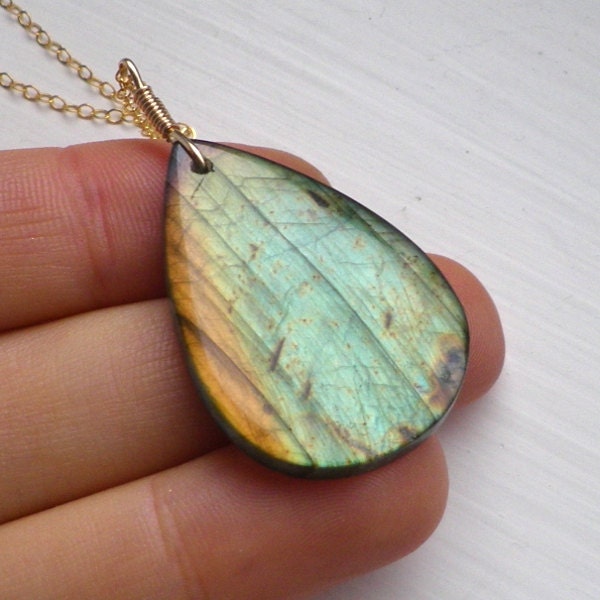 Ice blue green Labradorite pendant gold chain necklace. Flash fire focal statement stone. Woodland, modern, Zen, Minimalist jewellery