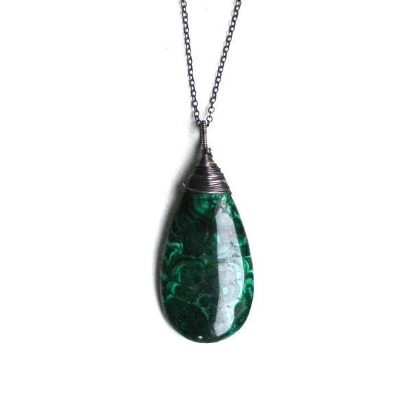 Forest green Malachite pendant silver chain necklace. Botanical, floral, woodland teardrop statement stone. Mineralogy jewellery