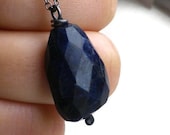 Indigo Sodalite faceted stone silver necklace. Navy midnight blue abstract pendant, black chain. Natural, modern, Mineralogy jewellery