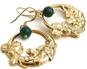 Malachite gold vintage style floral earrings. Golden wreath, deep forest green gemstone, woodland, botanical jewellery