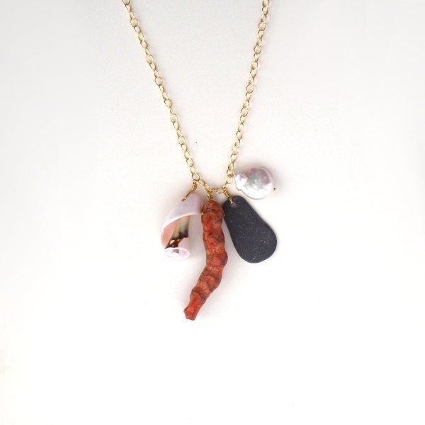 Red Coral branch white Pearl beach slate long gold chain necklace. Sea, ocean, shell, marine charm tocken pendant statement jewellery
