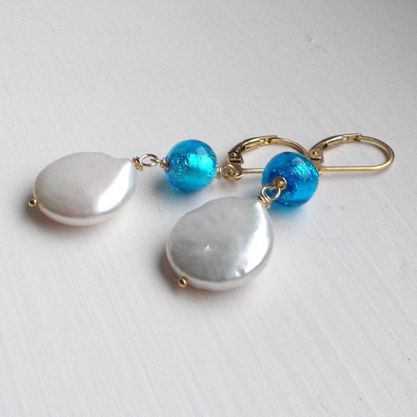 Coin Pearl blue Murano gold earrings. Large focal white pearl, neon blue glass classic bridal, wedding jewellery
