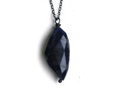 Indigo blue abstract faceted Sodalite silver necklace. Natural midnight navy geometric stone, black chain. Minimalist, Zen, modern jewellery