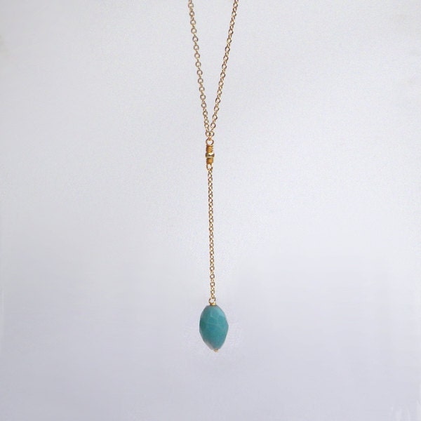 Pastel blue natural Amazonite long gold chain Y necklace. Cerulean turquoise azure sky pendant. Layering, modern, minimalist jewellery