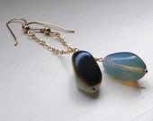 Vintage blue opal glass gold chain earrings. Iridescent iris blue milk aqua dangle, gold fill. Modern geometric sea, ocean jewellery
