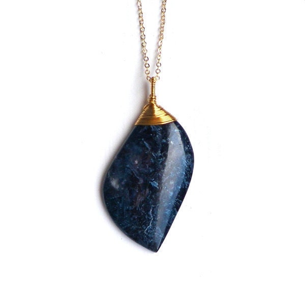 Indigo Pietersite pendant gold chain necklace. Navy ink blue leaf natural untreated statement stone. Midnight woodland, sea wave jewellery