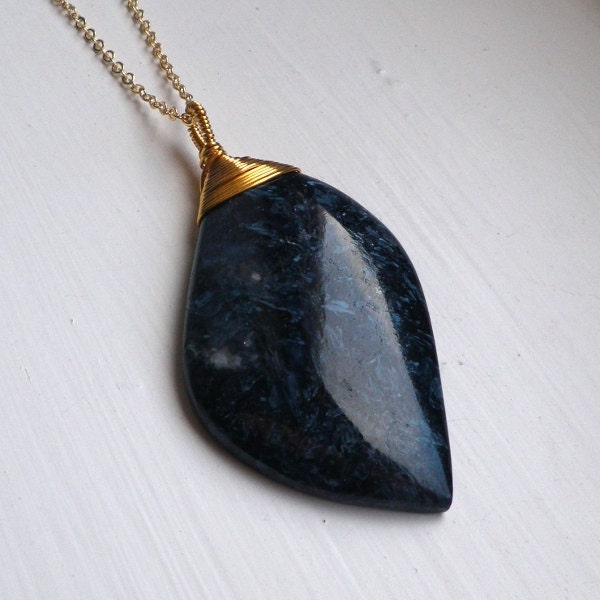 Indigo Pietersite pendant gold chain necklace. Navy ink blue leaf natural untreated statement stone. Midnight woodland, sea wave jewellery