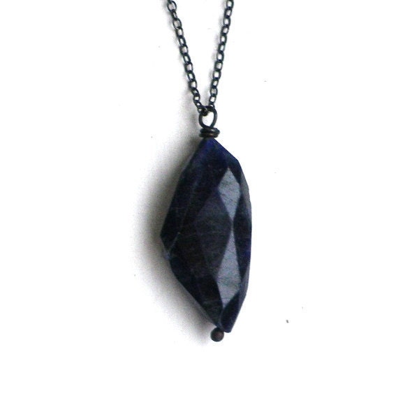 Indigo blue abstract faceted Sodalite silver necklace. Natural midnight navy geometric stone, black chain. Minimalist, Zen, modern jewellery