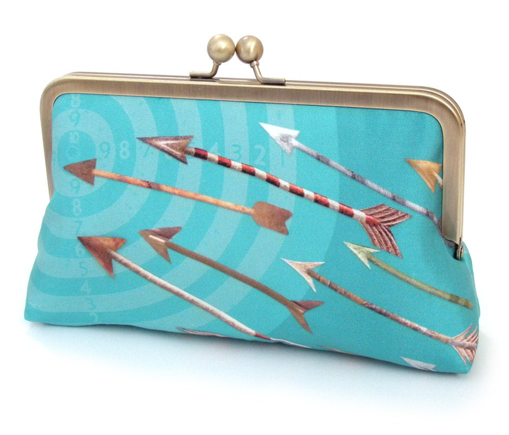 Blue arrows clutch bag, printed silk purse, bridal accessory, bridesmaid gift, blue red target, handmade by Red Ruby Rose