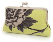 Chartreuse peony clutch : Purse for wedding / bridal / party