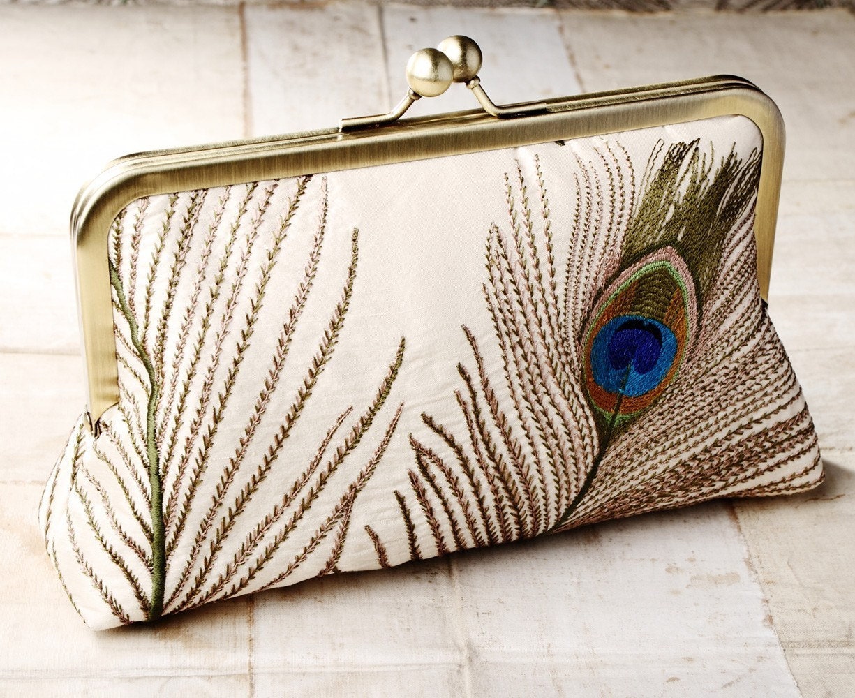 Silk peacock feathers - luxury clutch bag