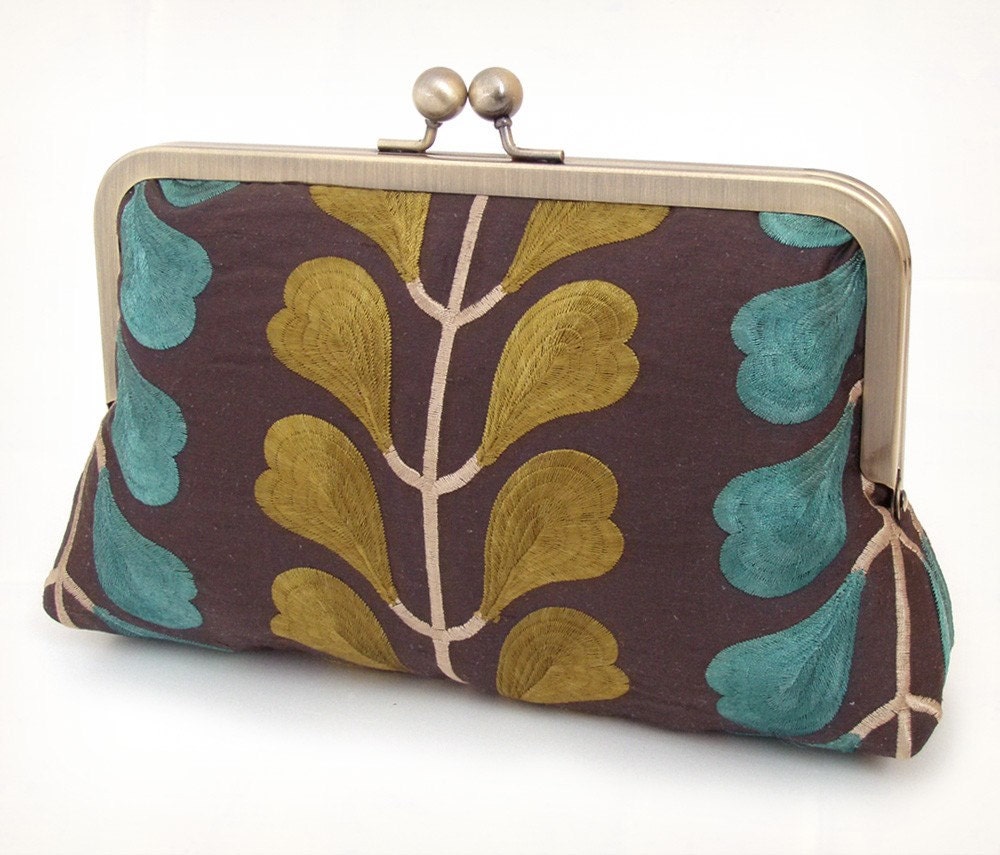 Chartreuse and teal leaf, embroidered silk clutch bag