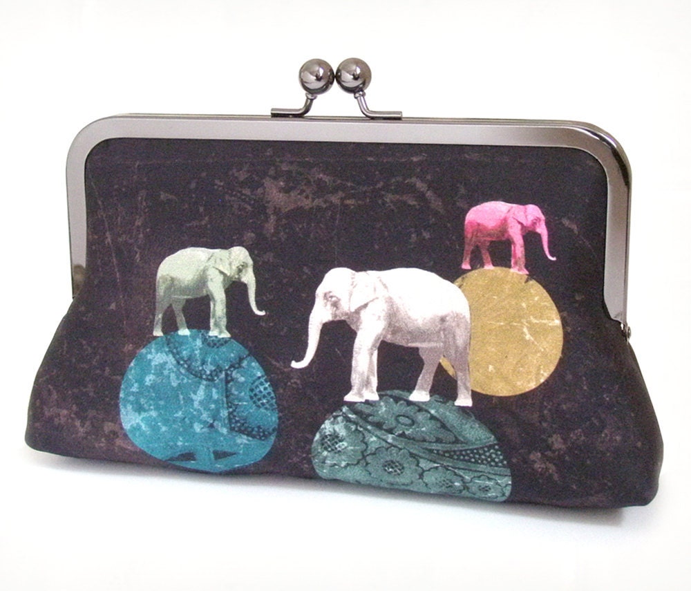 Elephants clutch bag : luxury printed silk purse, bridal accessory, bridesmaid gift, gift box