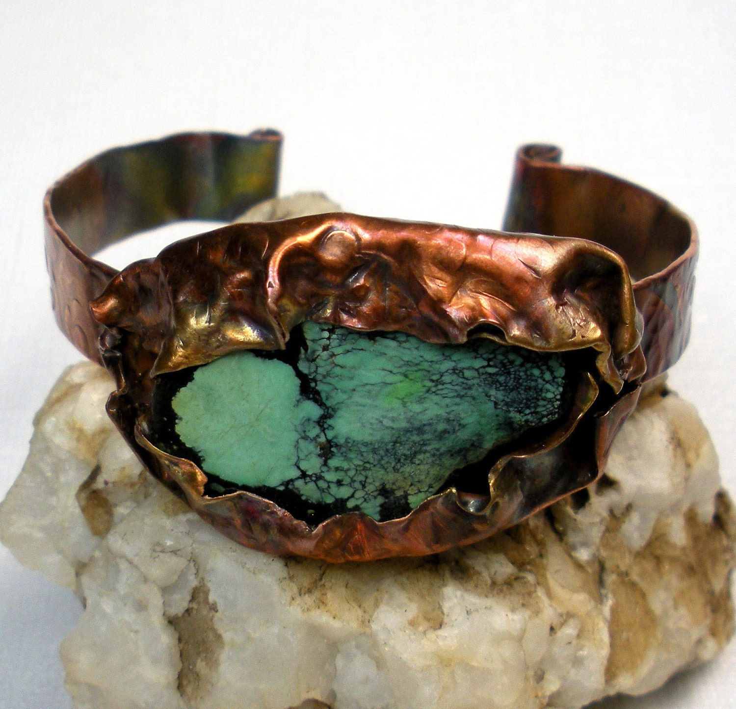Copper and Turquoise Cuff Bracelet, a Hammered and Fold Formed Copper Cuff with a Rustically Set Green Turquoise Slab- Vivid Green