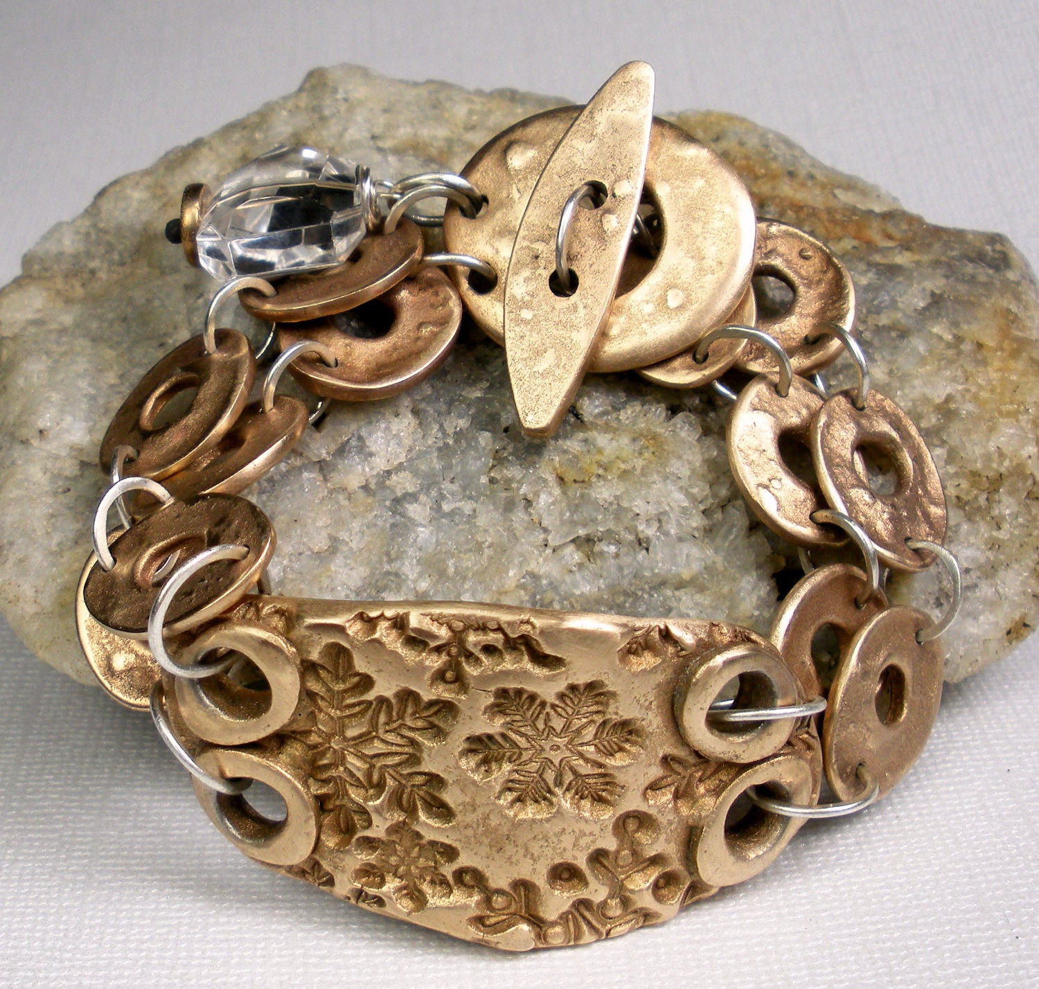 Bronze Chain Bracelet, Handmade Bronze, PMC, Chain and Snowflake Medallion Bracelet with Forged Silver and Faceted Quartz - Let It Snow