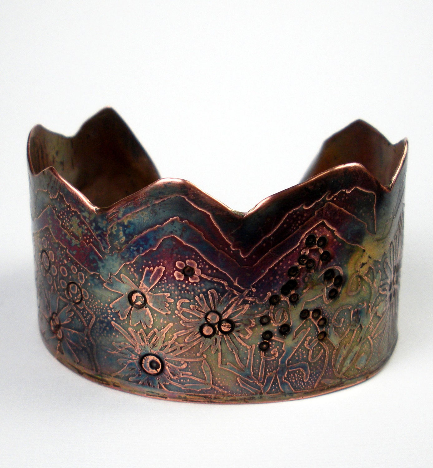 Etched and Hammered Copper Bracelet, A Rustic Wide Copper Cuff - Hand Drawn Floral Pattern and Earthy Heat Patina-Mountain Flowers