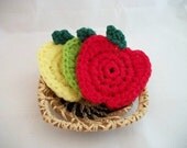 Three Apple Dish Scrubbies in Red, Yellow, and Green