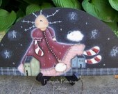 Primitive Folk Art Annie Doll Stars Sheep Saltbox House Wood Door Crown Shelf Sitter Handpainted Home Decor