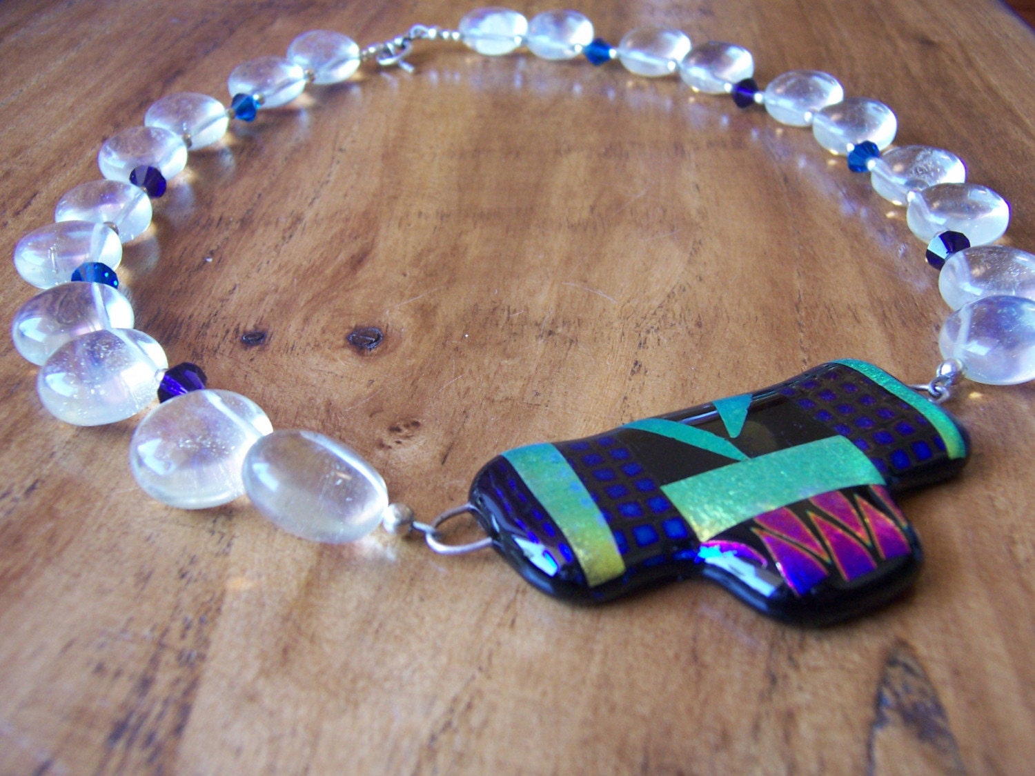 Japanese Dream Artisan Handmade Dichroic Glass Kimono Pendant, Yellow Quartz, Sterling Silver,  and Crystal Necklace
