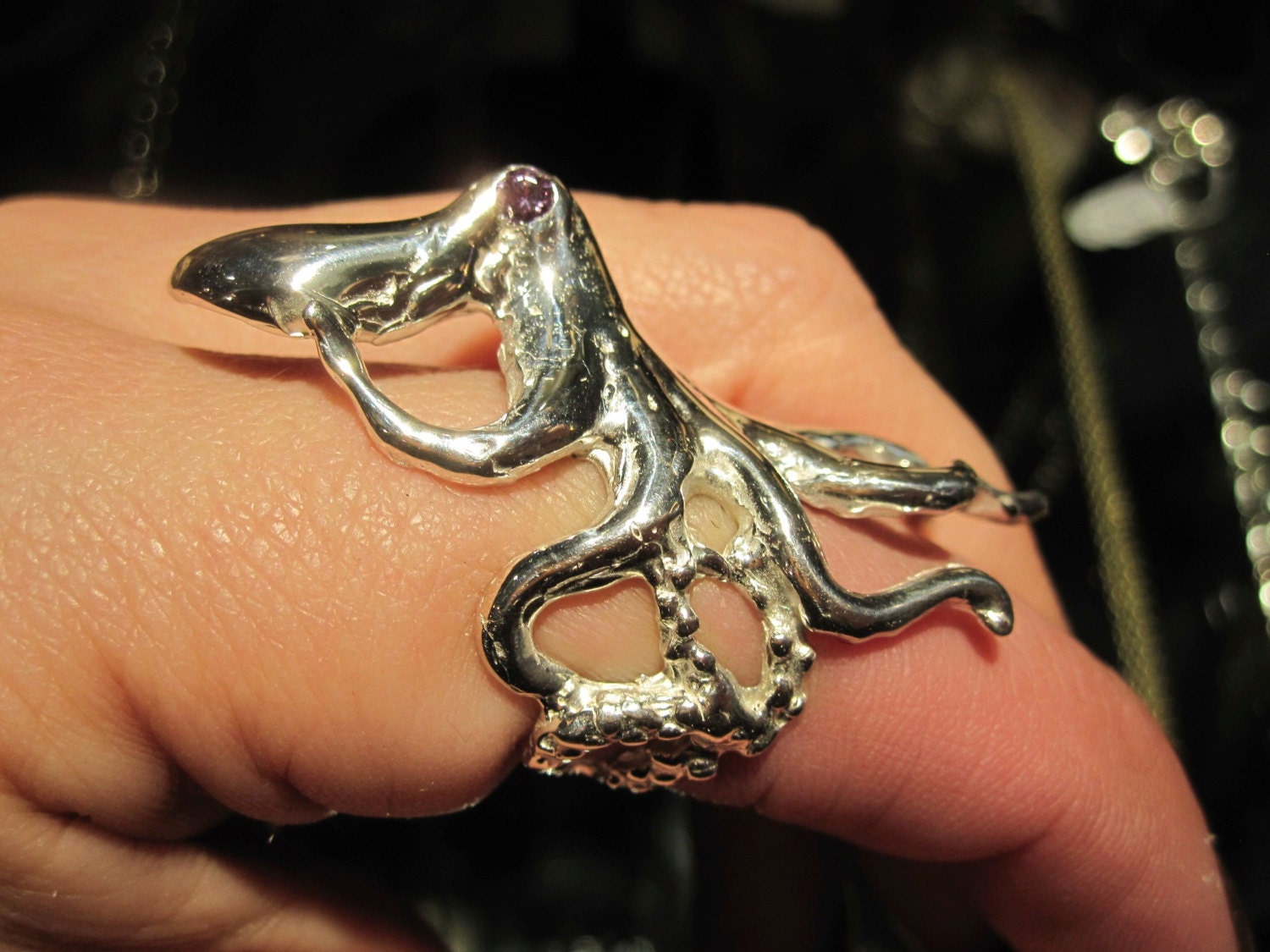 RABID FOX Silver Octopus Ring with Amethyst Eyes