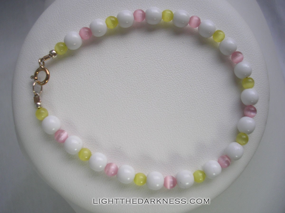 Pink and Yellow Cats Eye with White Beaded Bracelet